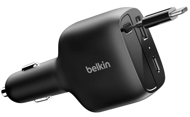 Belkin USB C Car Charger 75W w/ 30in Retractable USB C Cable - iPhone Charger, Compatible with iPhone 17 & 16 Series, Galaxy S25 Series, AirPods, Tablet, MacBook, Chromebook, etc. - Black